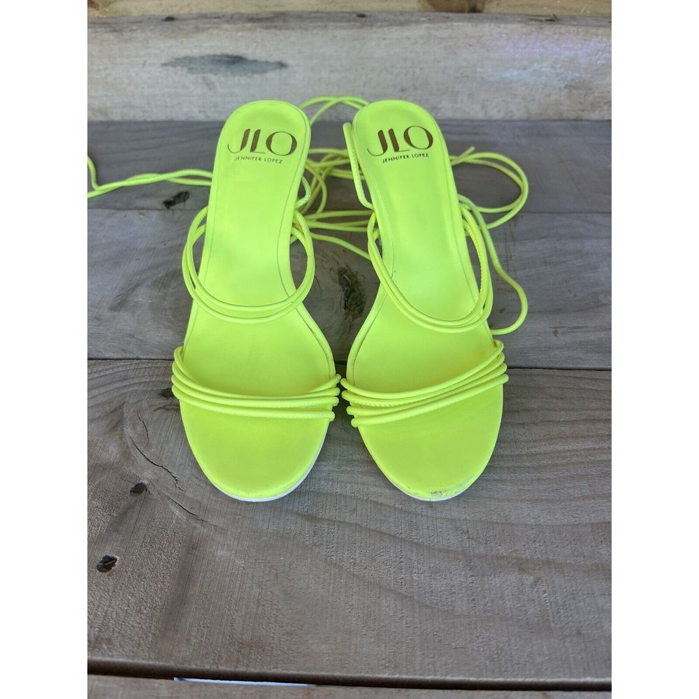 JLO Jennifer Lopez Neon Lime Faux Leather 4" Heel Strappy Sandals‎ Size 6 - Picture 2 of 11